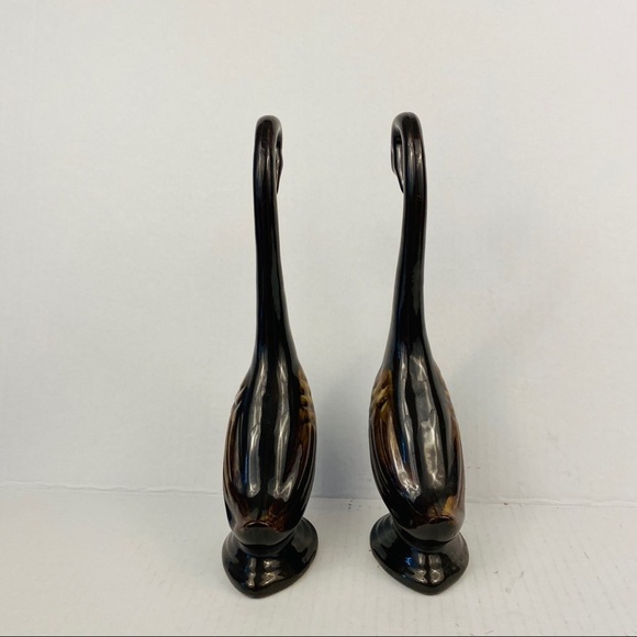 MID-CENTURY Modern ceramic terracotta swans variegated brown glaze set of 2 - Picture 6 of 10
